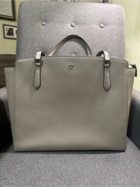 Tory Burch Light Gray Structured Saffiano Tote